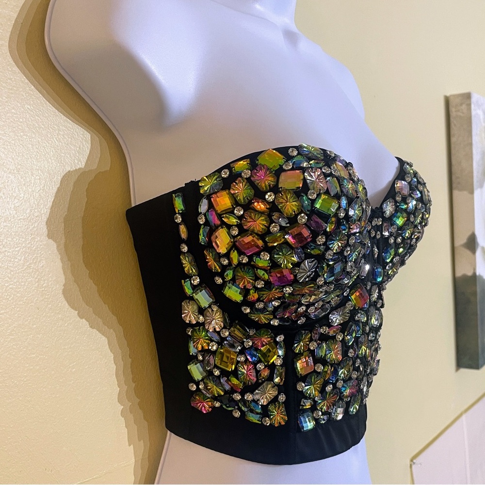 Sultry Multi-Color Mixed Rhinestone Embellished Bustier Crop Top - Size Large